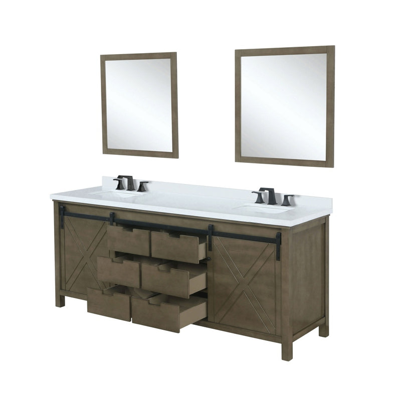 Lexora Marsyas 84 in W x 22 in D Rustic Brown Double Bath Vanity, Marble Countertop with Faucet Set and 34 in Mirrors