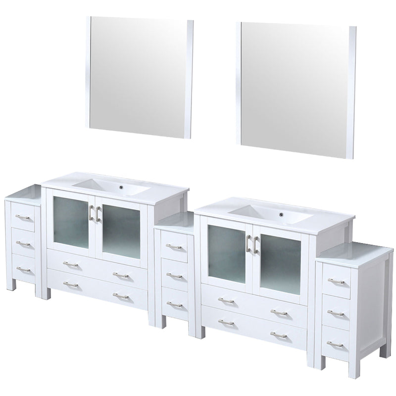 Lexora Volez 108" W x 18.25" D Double Bath Vanity with Side Cabinets White Ceramic Top and 34" Mirrors