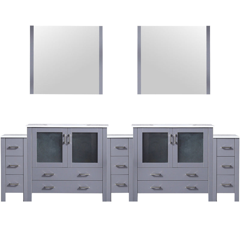 Lexora Volez 108" W x 18.25" D Double Bath Vanity with Side Cabinets White Ceramic Top and 34" Mirrors