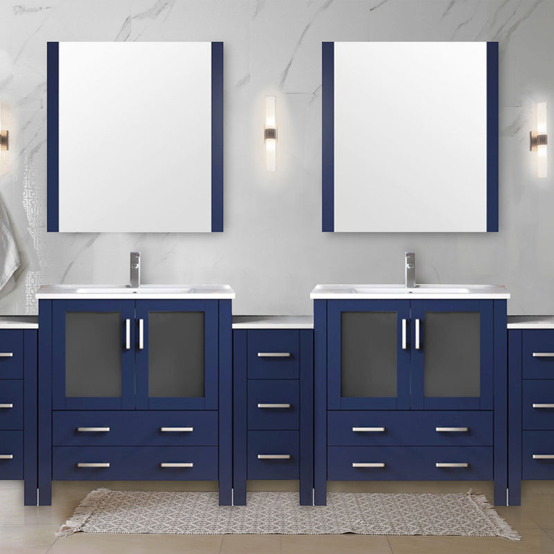 Lexora Volez 108" W x 18.25" D Double Bath Vanity with Side Cabinets White Ceramic Top 34" Mirrors and Faucet Set