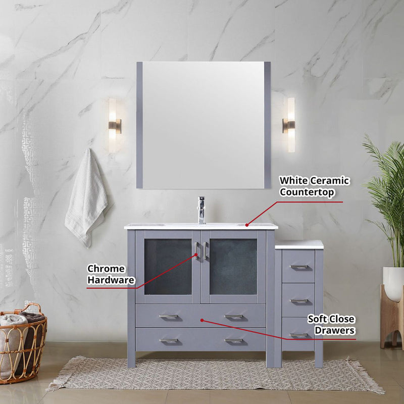 Lexora Volez 48" W x 18.25" D Single Bath Vanity with Side Cabinet with White Ceramic Top and 34" Mirror