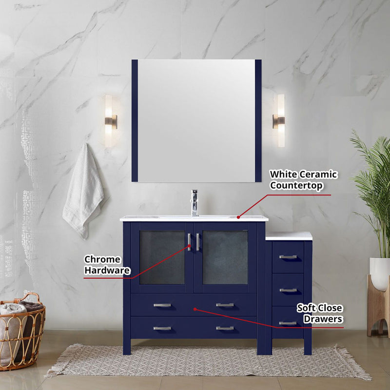 Lexora Volez 48" W x 18.25" D Single Bath Vanity with Side Cabinet with White Ceramic Top and 34" Mirror