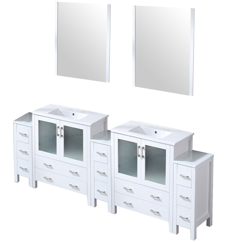 Lexora Volez 96" W x 18.25" D Double Bath Vanity with Side Cabinets White Ceramic Top and 28" Mirrors