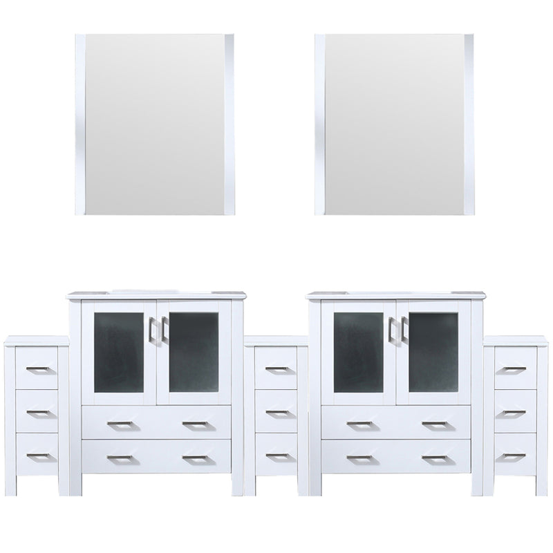 Lexora Volez 96" W x 18.25" D Double Bath Vanity with Side Cabinets White Ceramic Top and 28" Mirrors