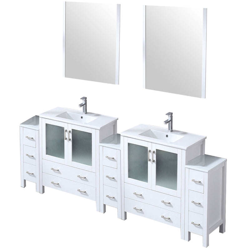 Lexora Volez 96" W x 18.25" D Double Bath Vanity with Side Cabinets White Ceramic Top 28" Mirrors with Faucet Set