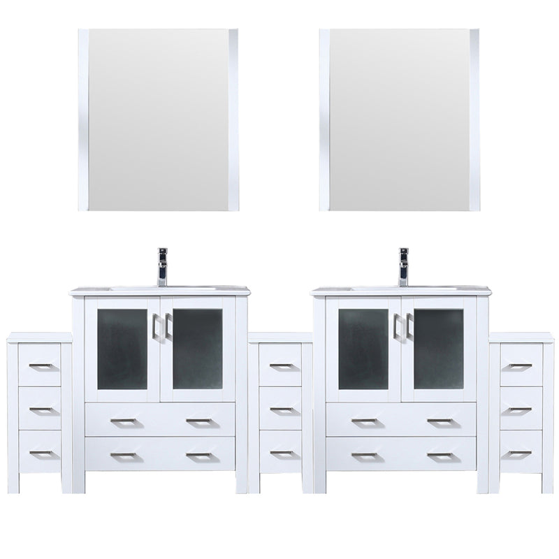 Lexora Volez 96" W x 18.25" D Double Bath Vanity with Side Cabinets White Ceramic Top 28" Mirrors with Faucet Set