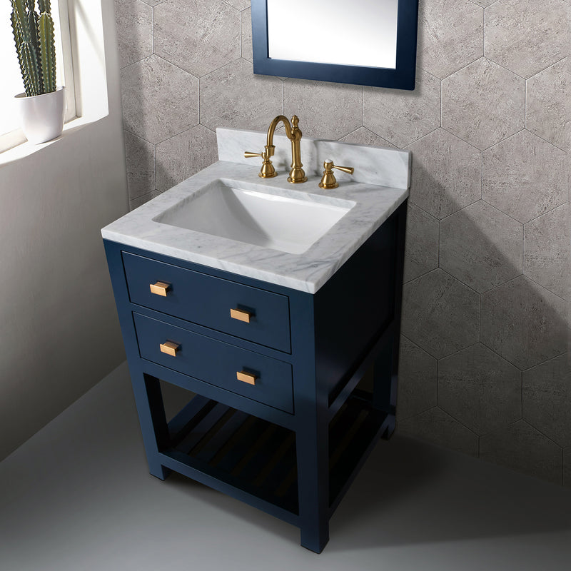 Water Creation 24" Monarch Blue Single Sink Bathroom Vanity with F2-0012 Satin Gold Faucet and Mirror From The Madalyn Collection MA24CW06MB-R21TL1206