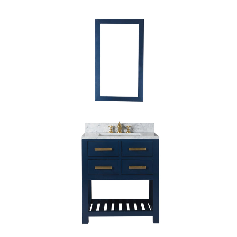 Water Creation 30" Monarch Blue Single Sink Bathroom Vanity with F2-0013 Satin Gold Faucet and Mirror From The Madalyn Collection MA30CW06MB-R21FX1306