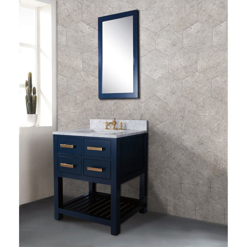 Water Creation 30" Monarch Blue Single Sink Bathroom Vanity with F2-0013 Satin Gold Faucet and Mirror From The Madalyn Collection MA30CW06MB-R21FX1306