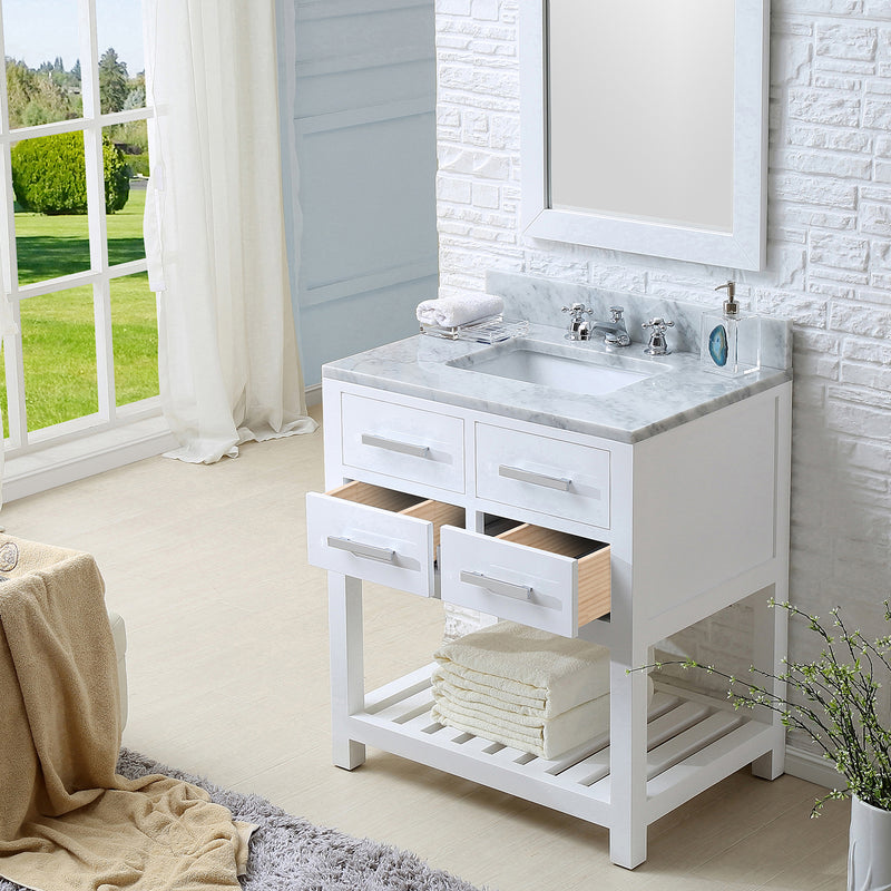 Water Creation 30" Pure White Single Sink Bathroom Vanity with Matching Framed Mirror and Faucet From The Madalyn Collection MA30CW01PW-R24BX0901