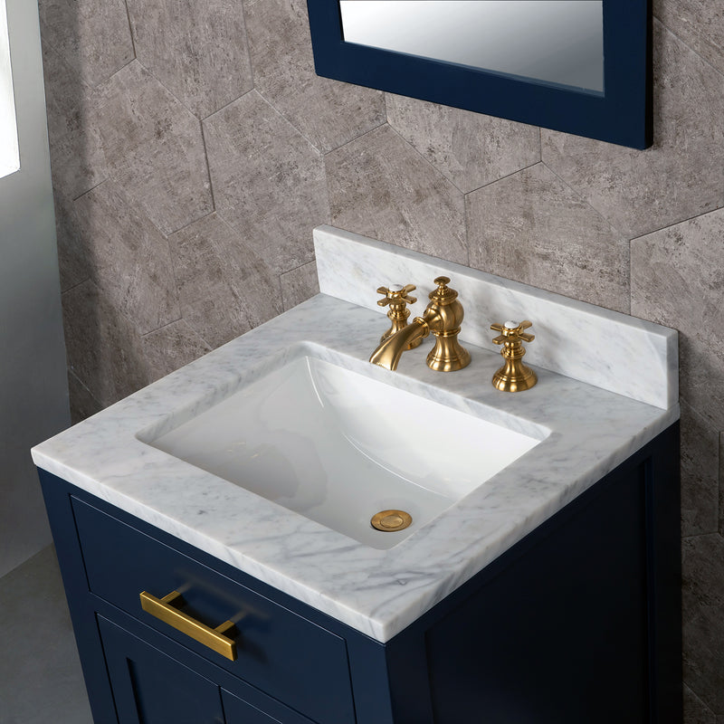 Water Creation Madison 24" Single Sink Carrara White Marble Vanity In Monarch Blue with Matching Mirror and F2-0013-06-FX Lavatory Faucet MS24CW06MB-R21FX1306