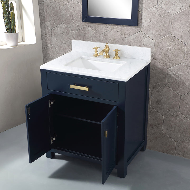 Water Creation Madison 30" Single Sink Carrara White Marble Vanity In Monarch Blue with F2-0013-06-FX Lavatory Faucet MS30CW06MB-000FX1306