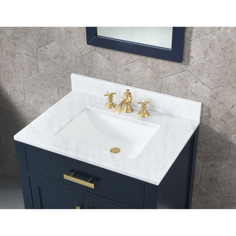 Water Creation Madison 30" Single Sink Carrara White Marble Vanity In Monarch Blue with F2-0013-06-FX Lavatory Faucet MS30CW06MB-000FX1306