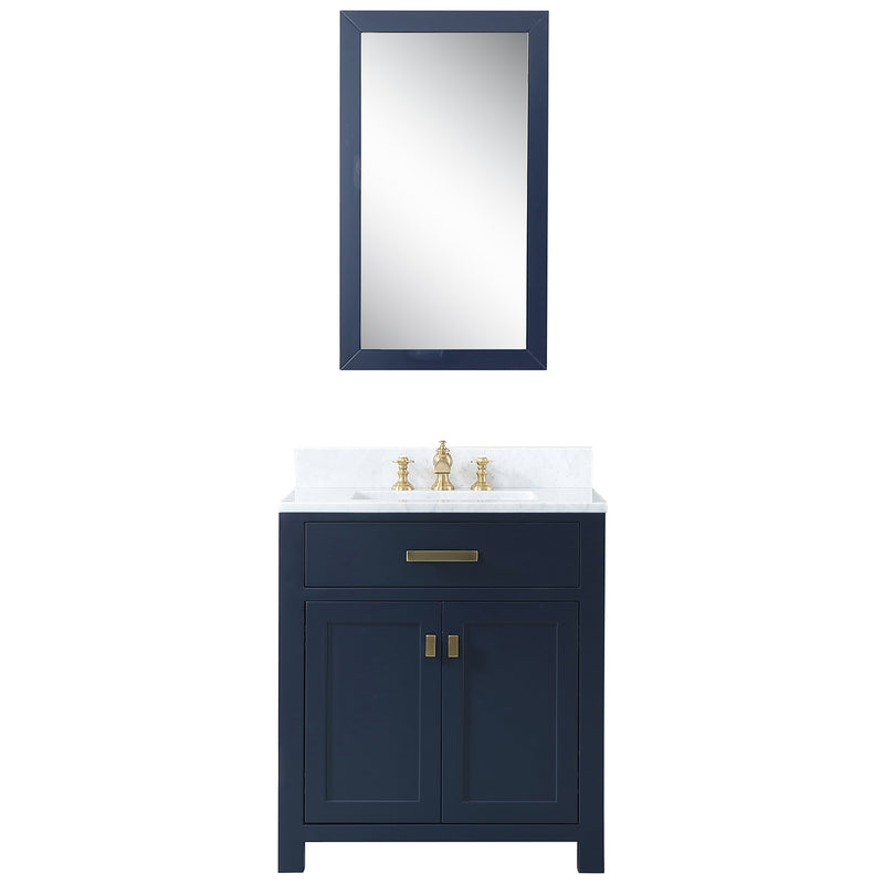 Water Creation Madison 30" Single Sink Carrara White Marble Vanity In Monarch Blue with F2-0013-06-FX Lavatory Faucet MS30CW06MB-000FX1306