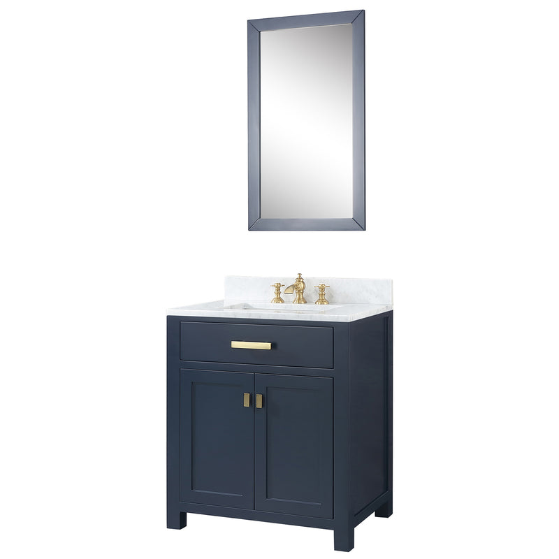 Water Creation Madison 30" Single Sink Carrara White Marble Vanity In Monarch Blue with Matching Mirror and F2-0013-06-FX Lavatory Faucet MS30CW06MB-R21FX1306