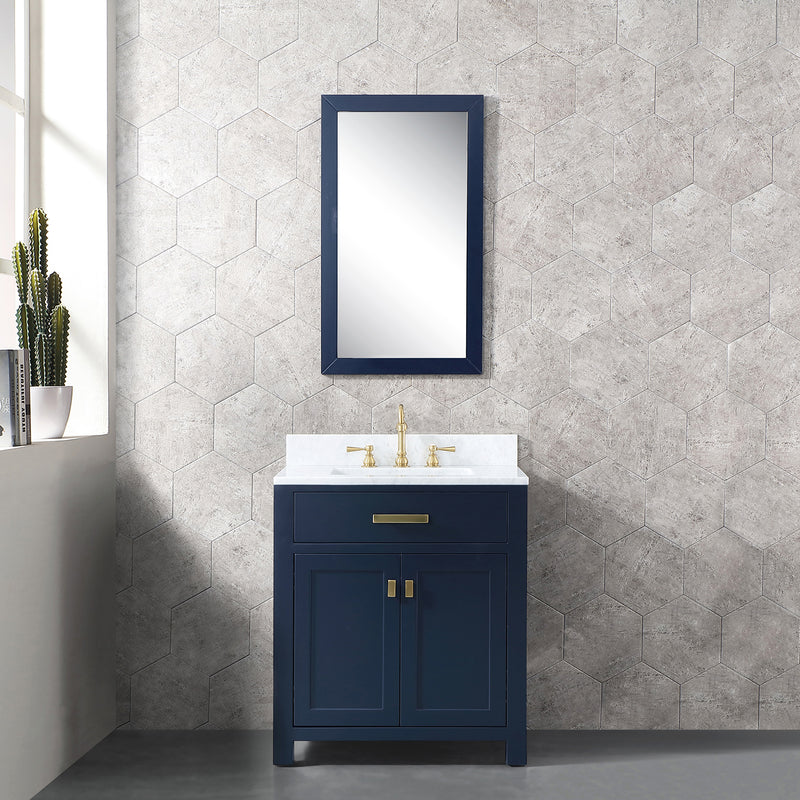 Water Creation Madison 30" Single Sink Carrara White Marble Vanity In Monarch Blue with Matching Mirror MS30CW06MB-R21000000