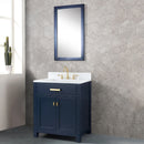 Water Creation Madison 30" Single Sink Carrara White Marble Vanity In Monarch Blue with Matching Mirror and F2-0012-06-TL Lavatory Faucet MS30CW06MB-R21TL1206