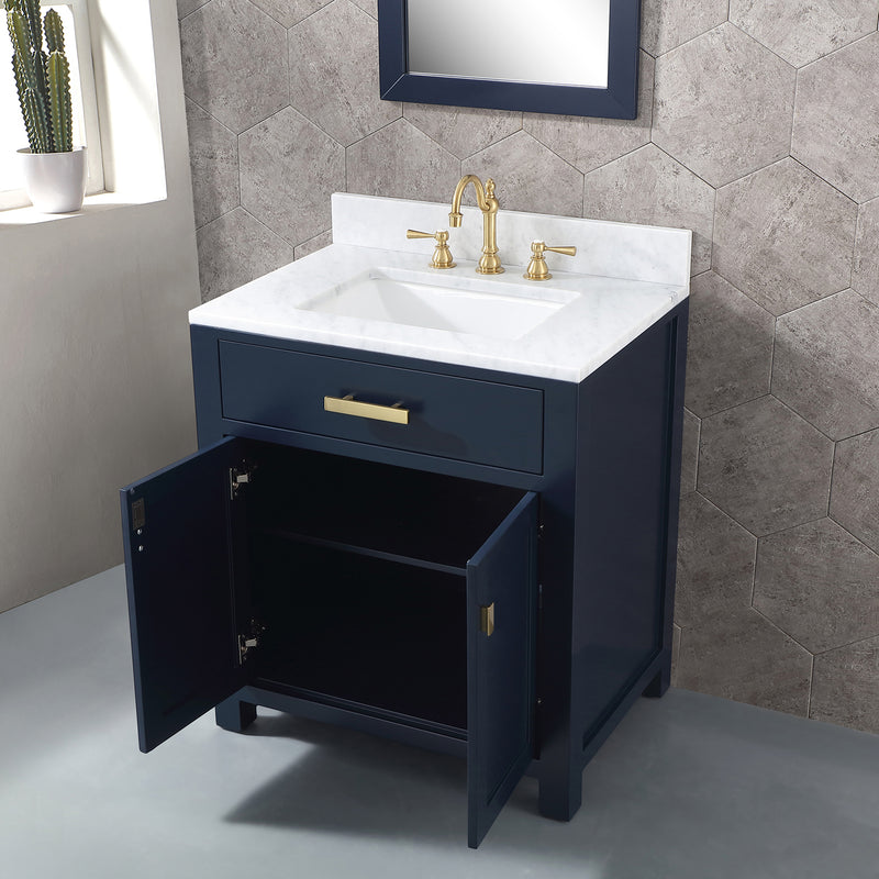 Water Creation Madison 30" Single Sink Carrara White Marble Vanity In Monarch Blue with Matching Mirror MS30CW06MB-R21000000