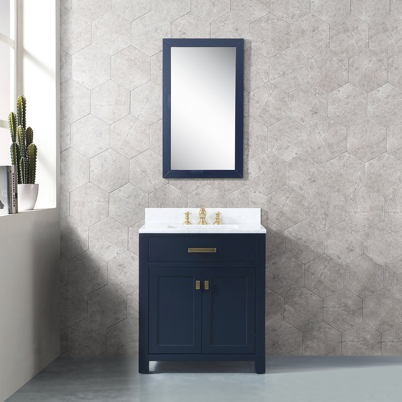 Water Creation Madison 30" Single Sink Carrara White Marble Vanity In Monarch Blue with F2-0013-06-FX Lavatory Faucet MS30CW06MB-000FX1306