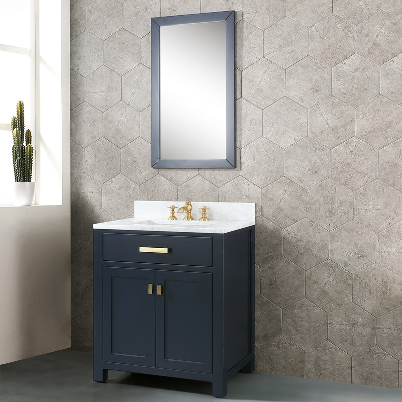 Water Creation Madison 30" Single Sink Carrara White Marble Vanity In Monarch Blue with Matching Mirror and F2-0013-06-FX Lavatory Faucet MS30CW06MB-R21FX1306