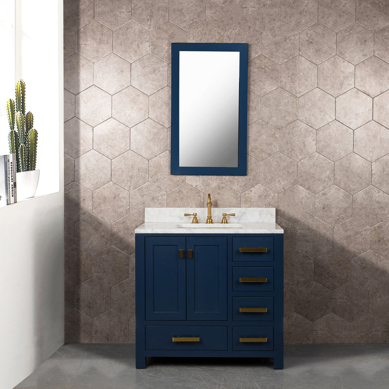 Water Creation Madison 36" Single Sink Carrara White Marble Vanity In Monarch Blue MS36CW06MB-000000000