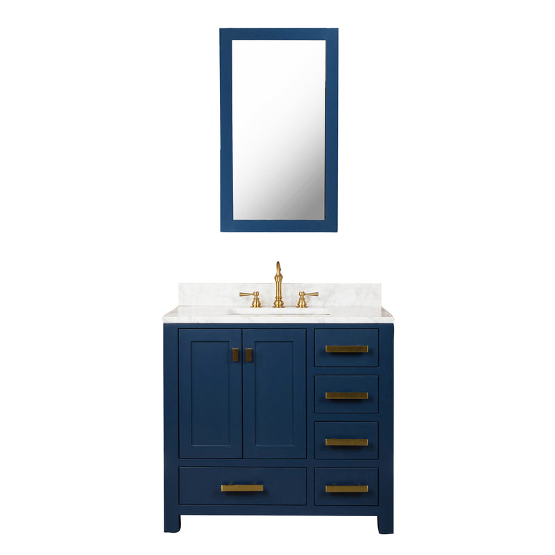 Water Creation Madison 36" Single Sink Carrara White Marble Vanity In Monarch Blue with Matching Mirror MS36CW06MB-R21000000