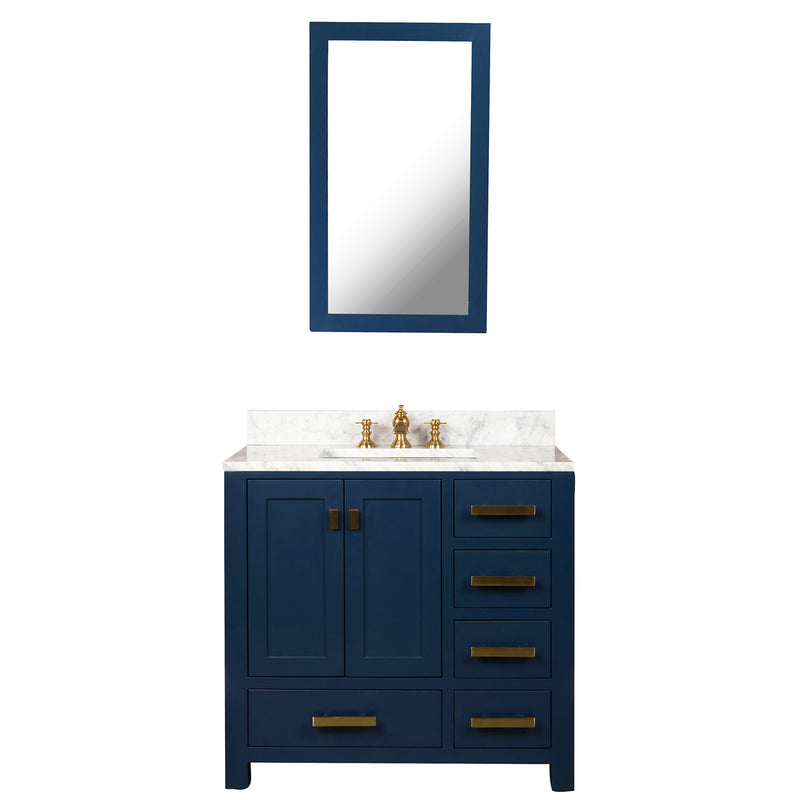 Water Creation Madison 36" Single Sink Carrara White Marble Vanity In Monarch Blue with Matching Mirror and F2-0013-06-FX Lavatory Faucet MS36CW06MB-R21FX1306