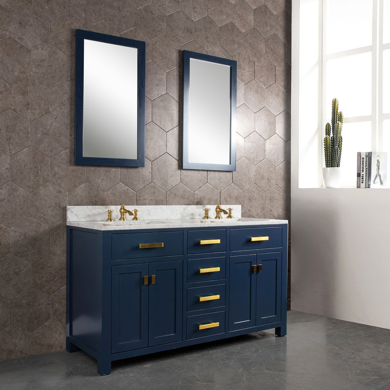 Water Creation Madison 60" Double Sink Carrara White Marble Vanity In Monarch Bluewith Matching Mirror and F2-0013-06-FX Lavatory Faucet MS60CW06MB-R21FX1306