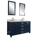 Water Creation Madison 60" Double Sink Carrara White Marble Vanity In Monarch Bluewith Matching Mirror and F2-0012-06-TL Lavatory Faucet MS60CW06MB-R21TL1206