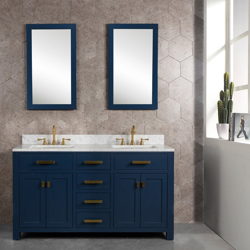 Water Creation Madison 60" Double Sink Carrara White Marble Vanity In Monarch Blue MS60CW06MB-000000000