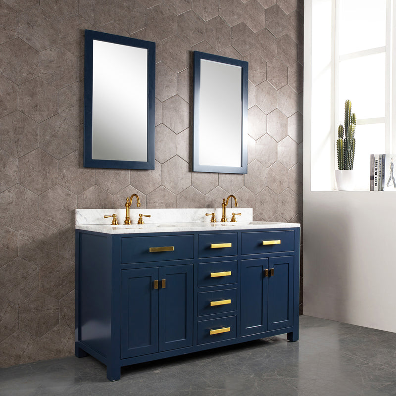Water Creation Madison 60" Double Sink Carrara White Marble Vanity In Monarch Bluewith Matching Mirror MS60CW06MB-R21000000