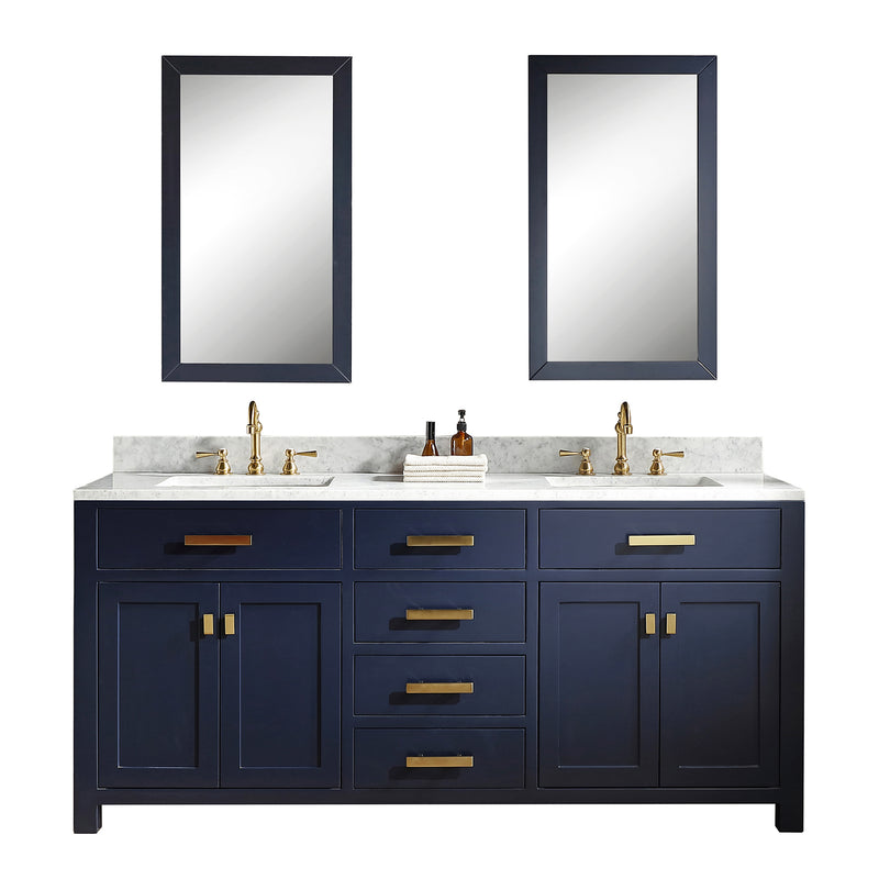 Water Creation Madison 72" Double Sink Carrara White Marble Vanity In Monarch Blue with Matching Mirror and F2-0012-06-TL Lavatory Faucet MS72CW06MB-R21TL1206