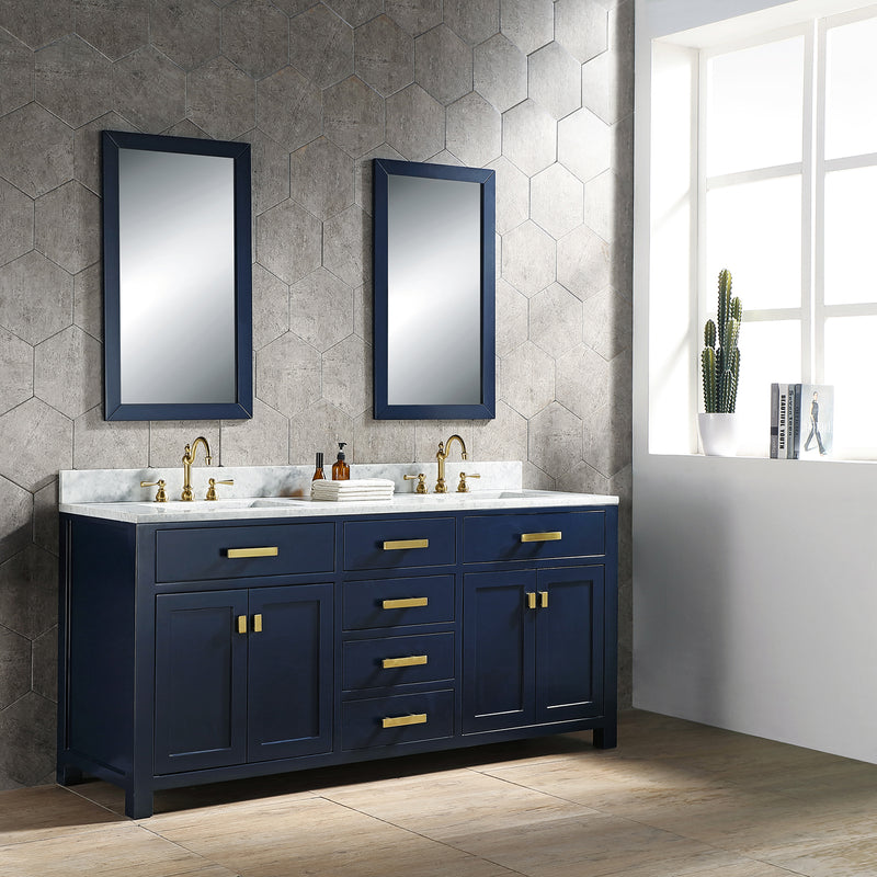 Water Creation Madison 72" Double Sink Carrara White Marble Vanity In Monarch Blue MS72CW06MB-000000000