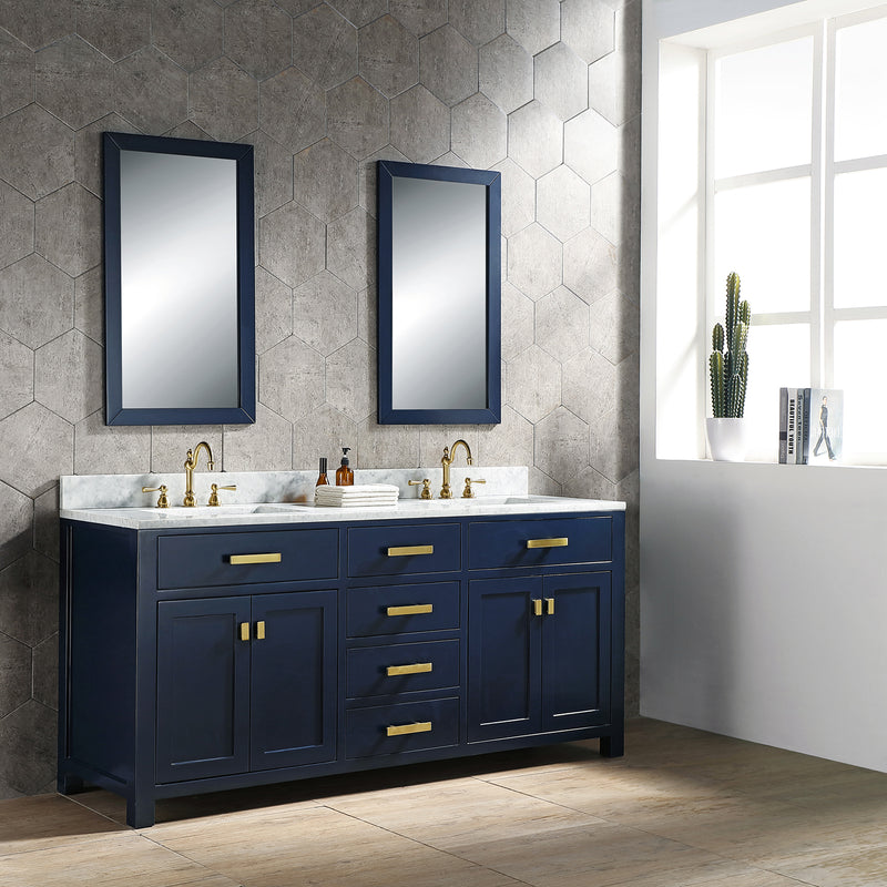 Water Creation Madison 72" Double Sink Carrara White Marble Vanity In Monarch Blue with Matching Mirror and F2-0012-06-TL Lavatory Faucet MS72CW06MB-R21TL1206