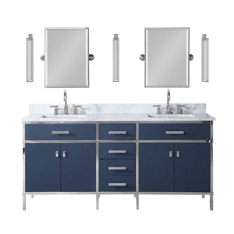 Water Creation Marquis 72" Double Sink Carrara White Marble Countertop Vanity in Monarch Blue with Hook Faucets and Mirrors MQ72CW01MB-E18BL1401