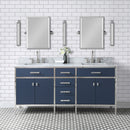 Water Creation Marquis 72" Double Sink Carrara White Marble Countertop Vanity in Monarch Blue with Hook Faucets and Mirrors MQ72CW01MB-E18BL1401