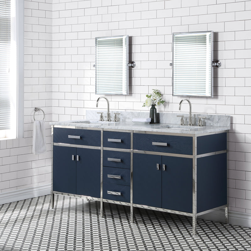 Water Creation Marquis 72" Double Sink Carrara White Marble Countertop Vanity in Monarch Blue with Mirrors MQ72CW01MB-E18000000