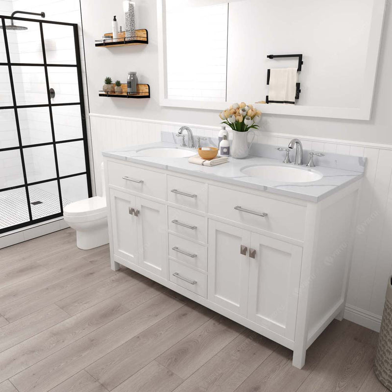 Modern Fittings Caroline 60" Double Bath Vanity with Calacatta Quartz Top and Round Sinks Faucets