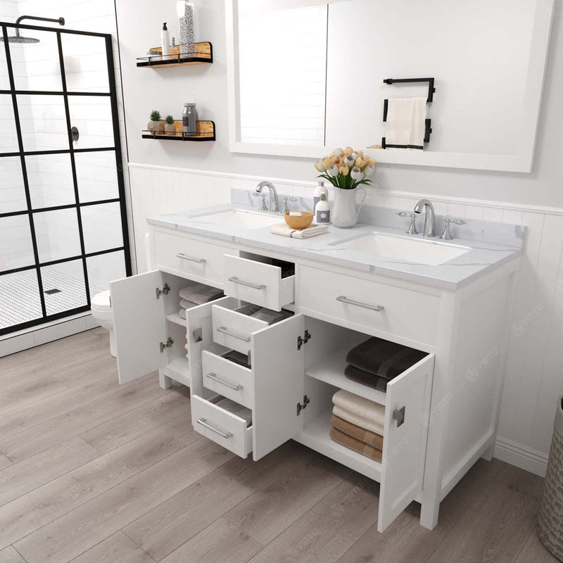 Modern Fittings Caroline 60" Double Bath Vanity with Calacatta Quartz Top and Square Sinks Faucets