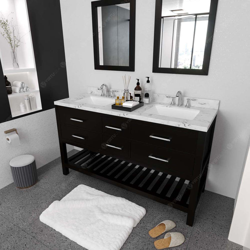 Modern Fittings Caroline Estate 60" Double Bath Vanity with Cultured Marble Quartz Top and Square Sinks Faucets