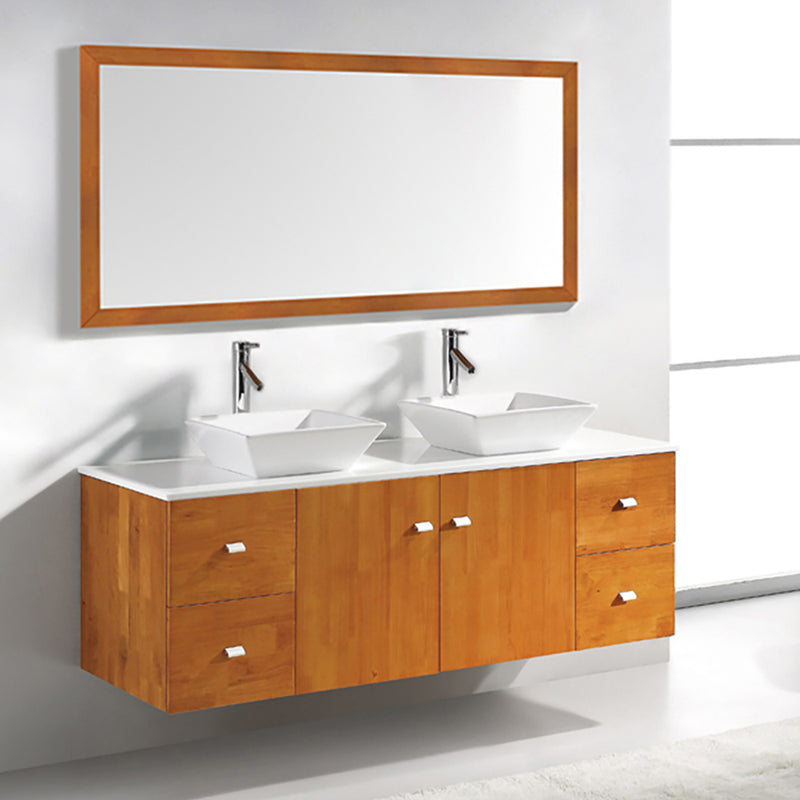 Modern Fittings Clarissa 61" Double Bath Vanity in Honey Oak with Engineered Stone Top and Square Sinks Nickel Faucets