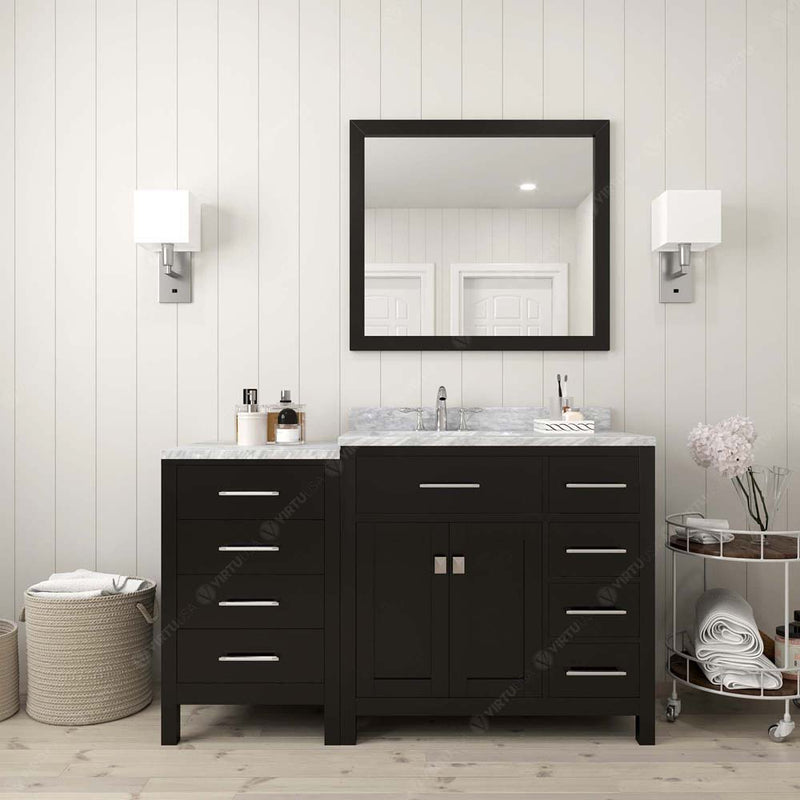 Modern Fittings Caroline Parkway 57" Single Bath Vanity with White Marble Top and Round Sink with Faucet and Matching Mirror