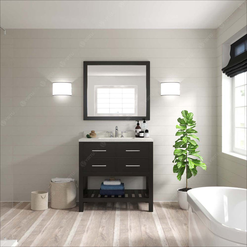 Modern Fittings Caroline Estate 36" Single Bath Vanity with White Quartz Top and Round Sink with Faucet and Matching Mirrors