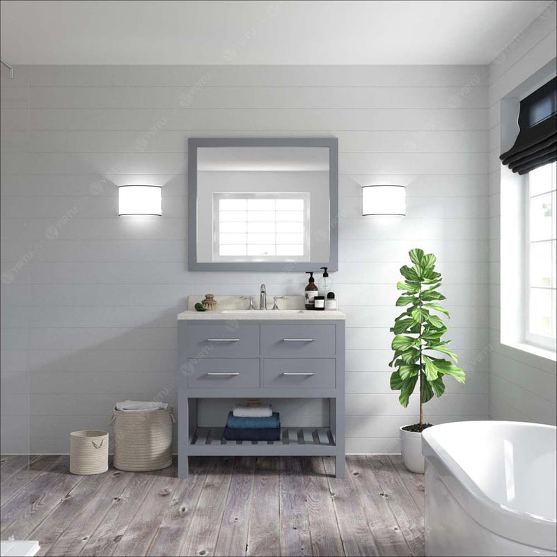 Modern Fittings Caroline Estate 36" Single Bath Vanity with White Quartz Top and Round Sink with Faucet and Matching Mirrors