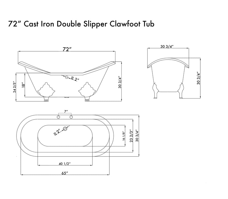 Cambridge Plumbing Cast Iron Double Ended Slipper Tub 71" x 30" 7" Drillings and PC Feet