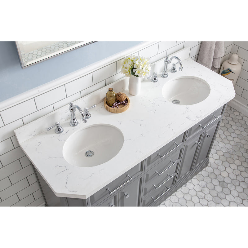 Water Creation 60" Palace Collection Quartz Carrara Cashmere Gray Bathroom Vanity Set with Hardware and F2-0012 Faucets Mirror in Chrome Finish PA60QZ01CG-E18TL1201