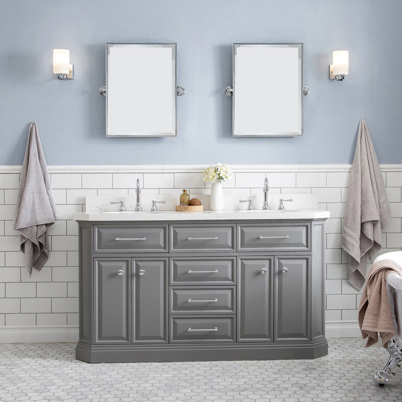 Water Creation 60" Palace Collection Quartz Carrara Cashmere Gray Bathroom Vanity Set with Hardware and F2-0012 Faucets Mirror in Chrome Finish PA60QZ01CG-E18TL1201