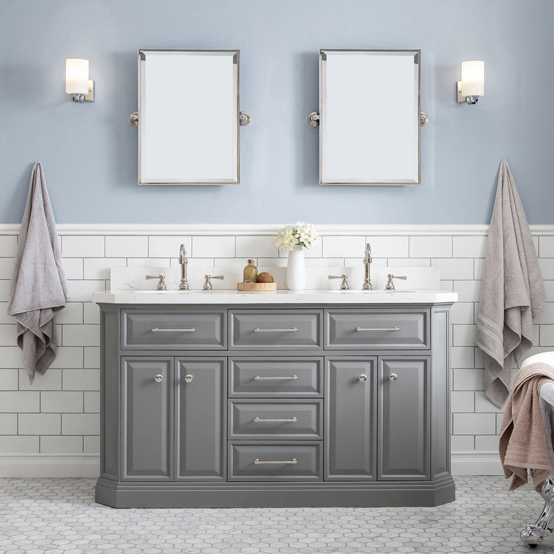 Water Creation 60" Palace Collection Quartz Carrara Cashmere Gray Bathroom Vanity Set with Hardware and F2-0012 Faucets Mirror in Polished Nickel PVD Finish PA60QZ05CG-E18TL1205