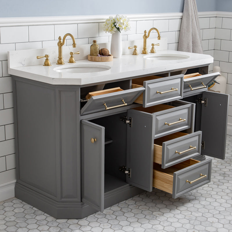 Water Creation 60" Palace Collection Quartz Carrara Cashmere Gray Bathroom Vanity Set with Hardware and F2-0012 Faucets in Satin Gold Finish and Only Mirrors in Chrome Finish PA60QZ06CG-E18TL1206