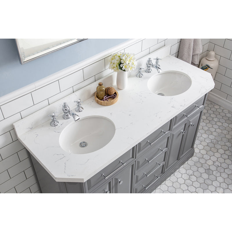 Water Creation 60" Palace Collection Quartz Carrara Cashmere Gray Bathroom Vanity Set with Hardware and F2-0013 Faucets Mirror in Chrome Finish PA60QZ01CG-E18FX1301